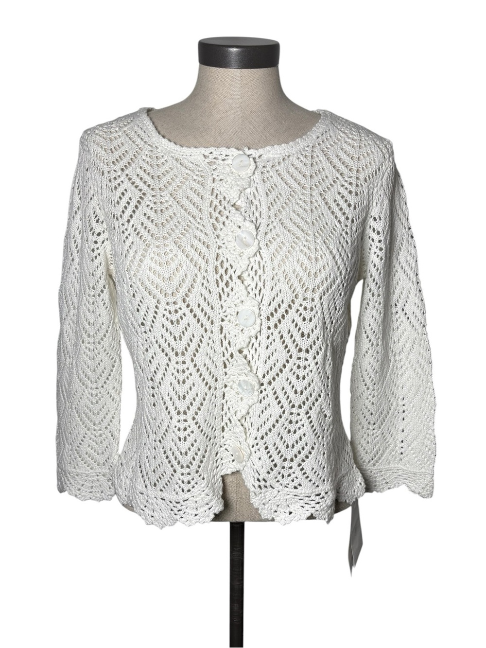 Emma James Linen Cotton Crochet Knit Cardigan M Cottagecore White Button Up NWT